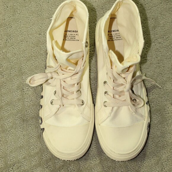 Balenciaga Unisex Ivory Paris Distressed Canvas High-Top Sneakers Shoes - Picture 3 of 7